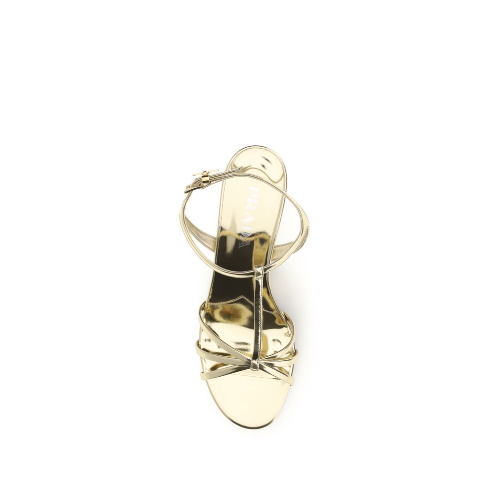 Prada Gold Calf Leather Bos Taurus Wedge Sandals
