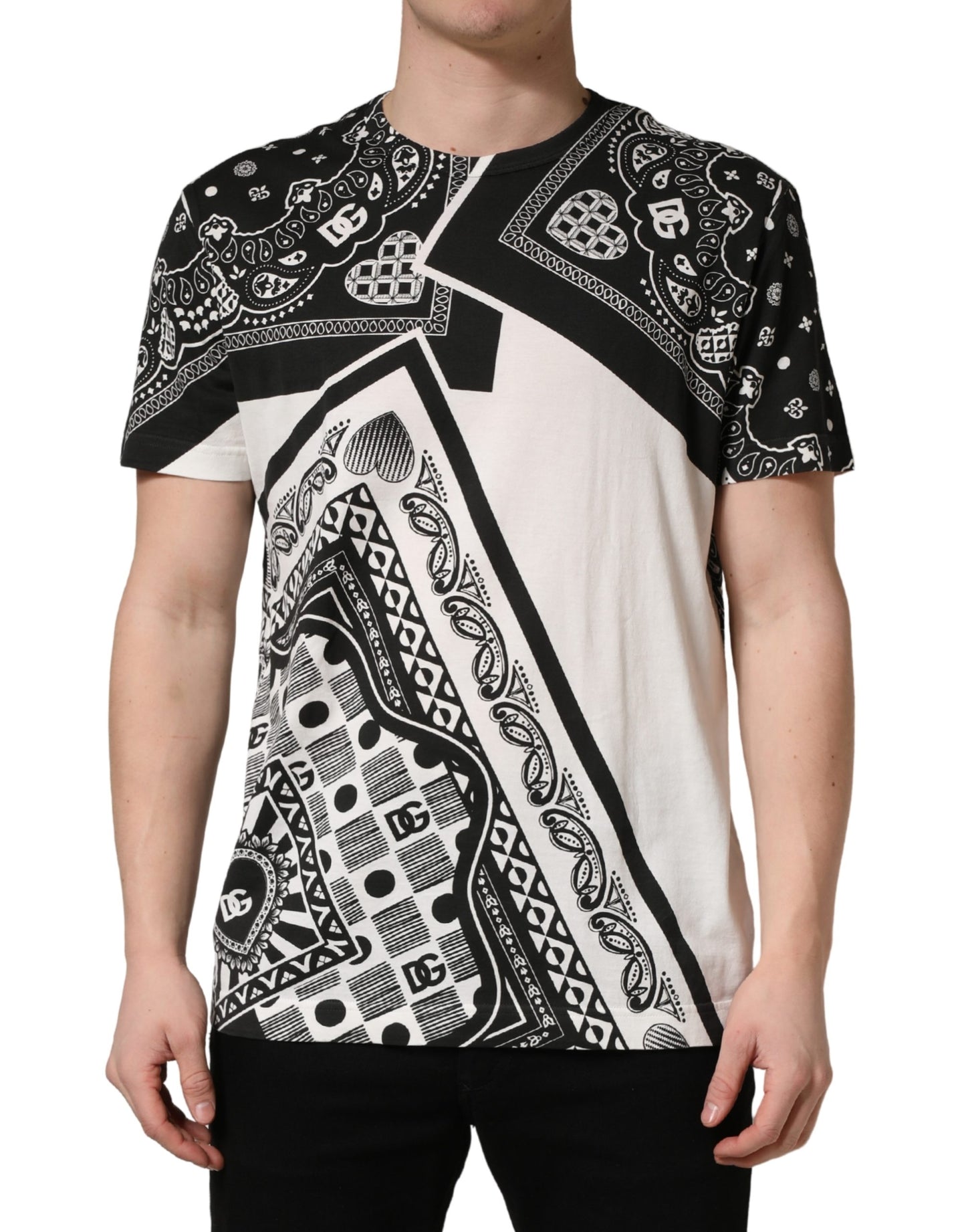 Dolce & Gabbana Black White Bandana Cotton Crew Neck  T-shirt