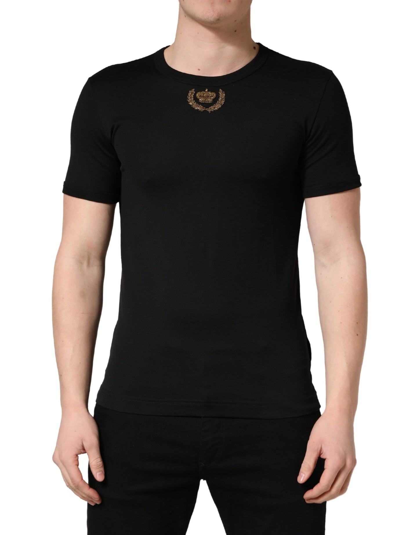 Dolce & Gabbana Black Crown Embroidery Men Crew Neck  T-shirt