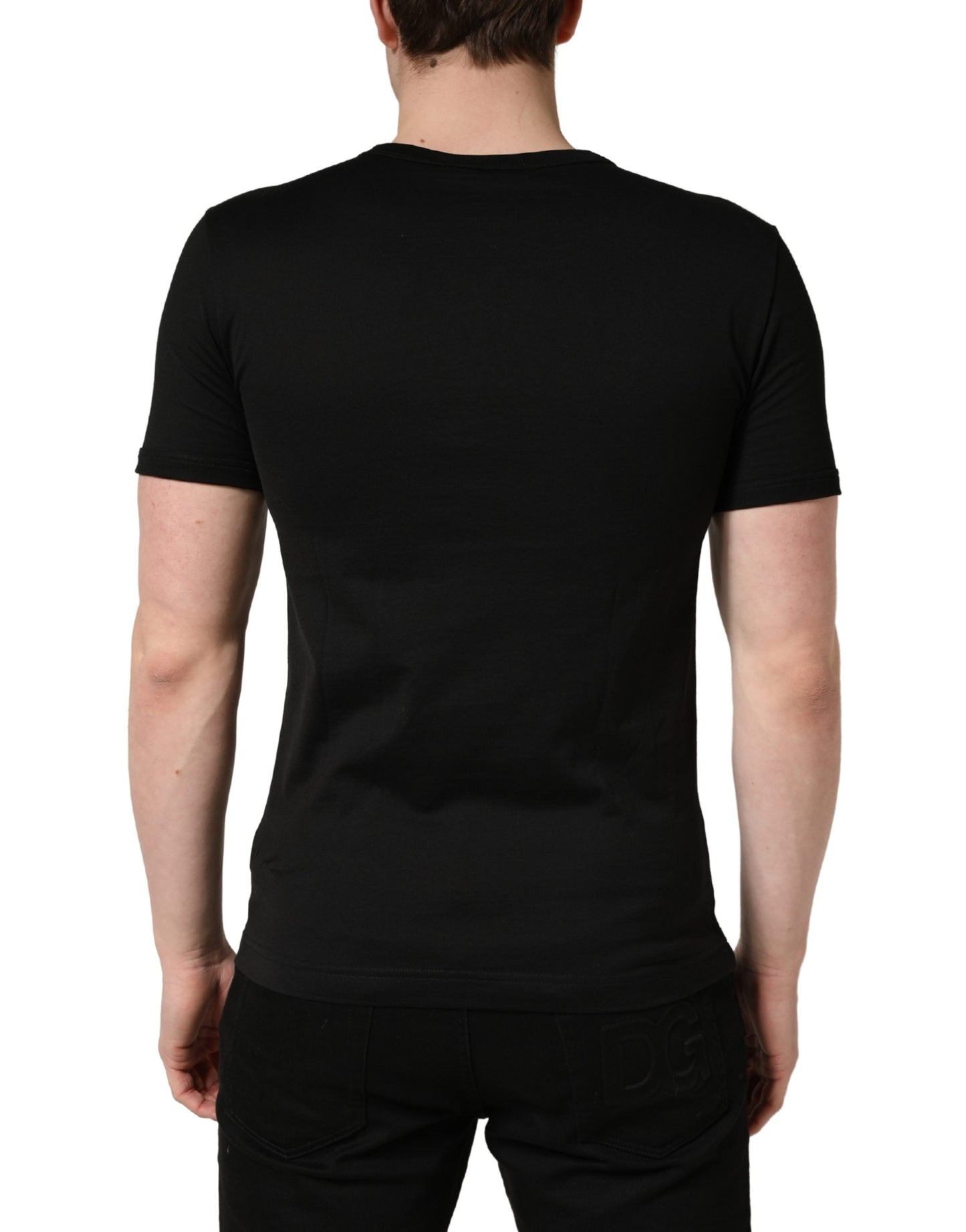 Dolce & Gabbana Black Crown Embroidery Men Crew Neck  T-shirt