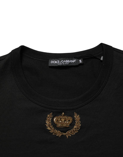 Dolce & Gabbana Black Crown Embroidery Men Crew Neck  T-shirt