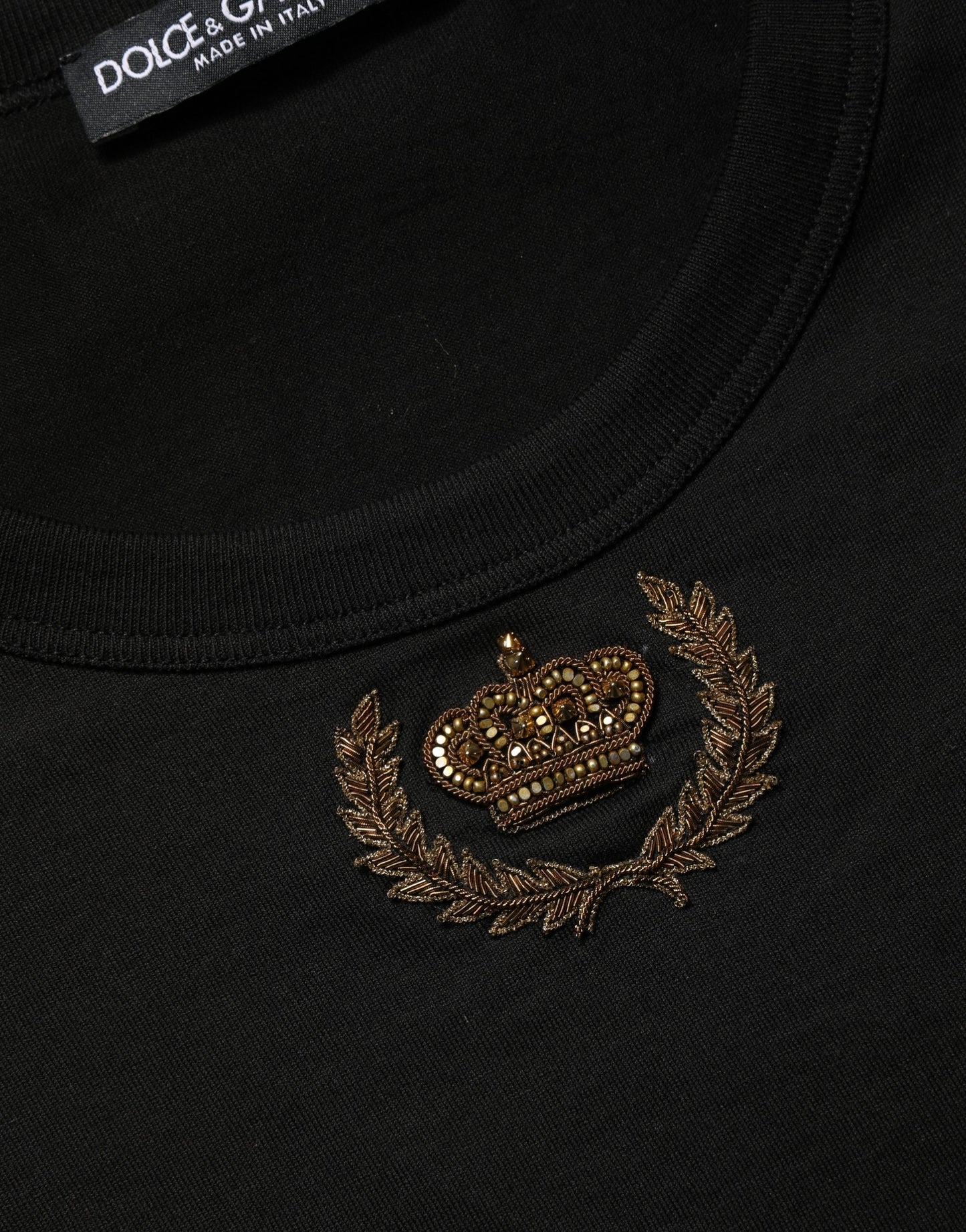 Dolce & Gabbana Black Crown Embroidery Men Crew Neck  T-shirt