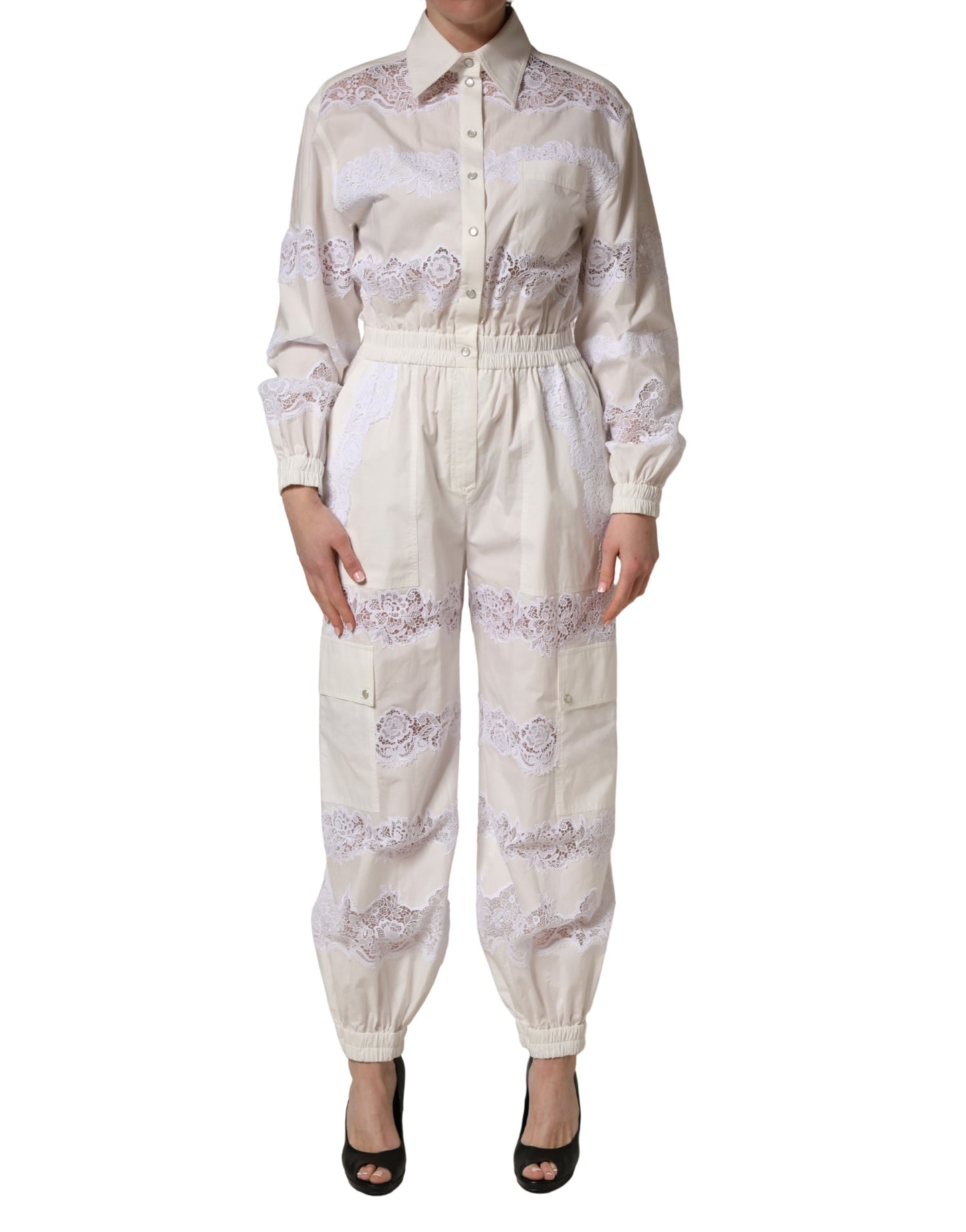 Dolce & Gabbana White Cotton Lace Trim Long Sleeves Jumpsuit
