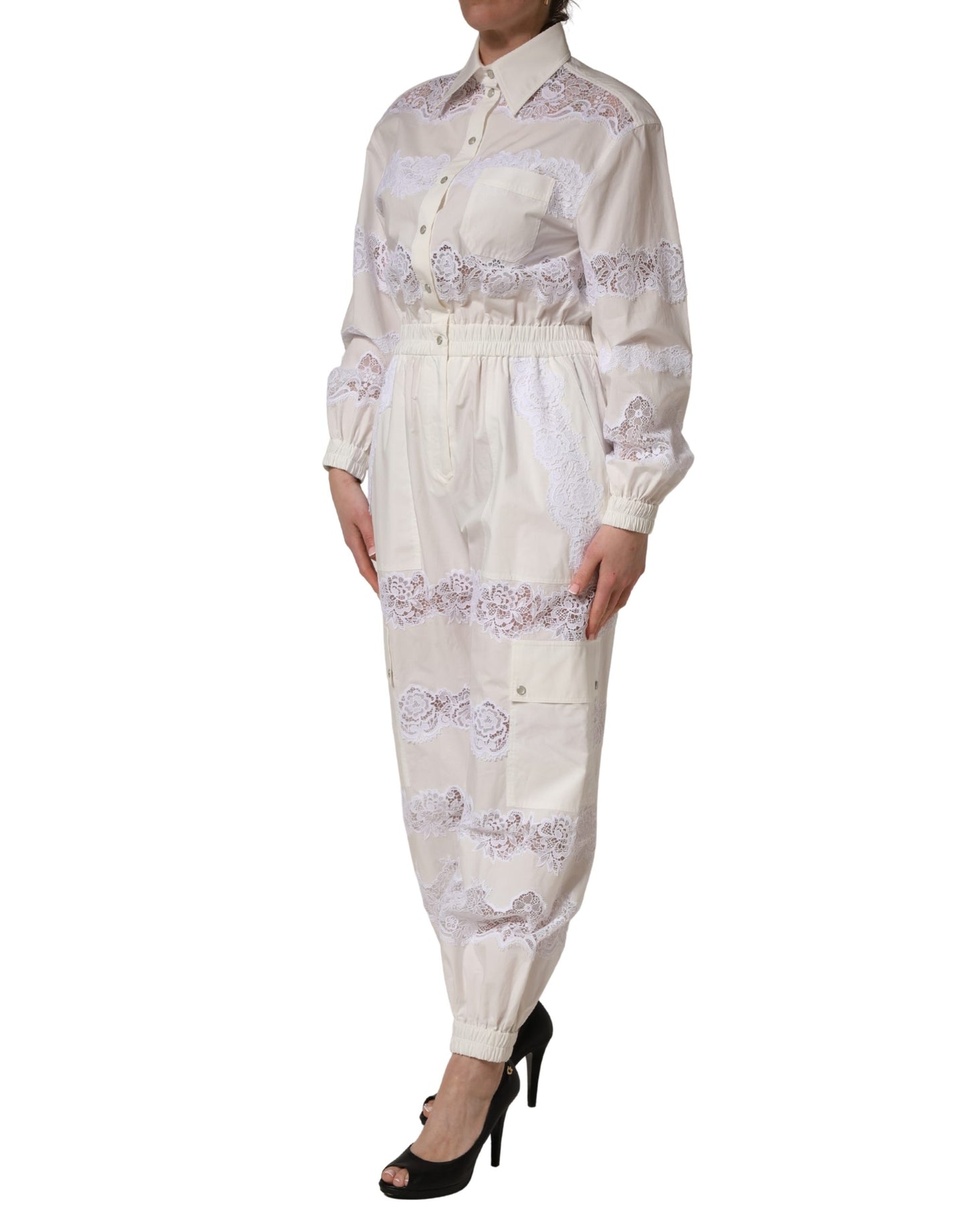 Dolce & Gabbana White Cotton Lace Trim Long Sleeves Jumpsuit
