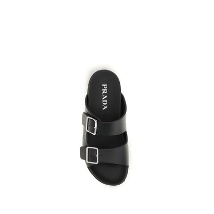 Prada Black Calf Leather Bos Taurus Flat Sandals