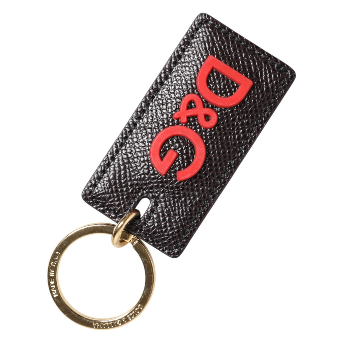 Dolce & Gabbana Schwarzer Kalbsleder-Logo-Metallring Herren Schlüsselanhänger