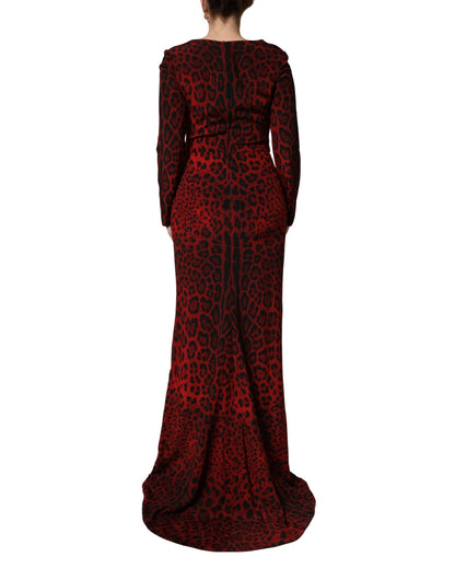 Dolce & Gabbana Red Leopard Print Sheath Long Sleeve Dress