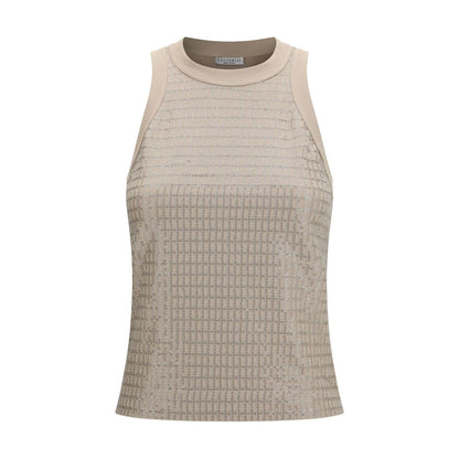 Brunello Cucinelli Beige Cotton Sleeveles T-Shirt