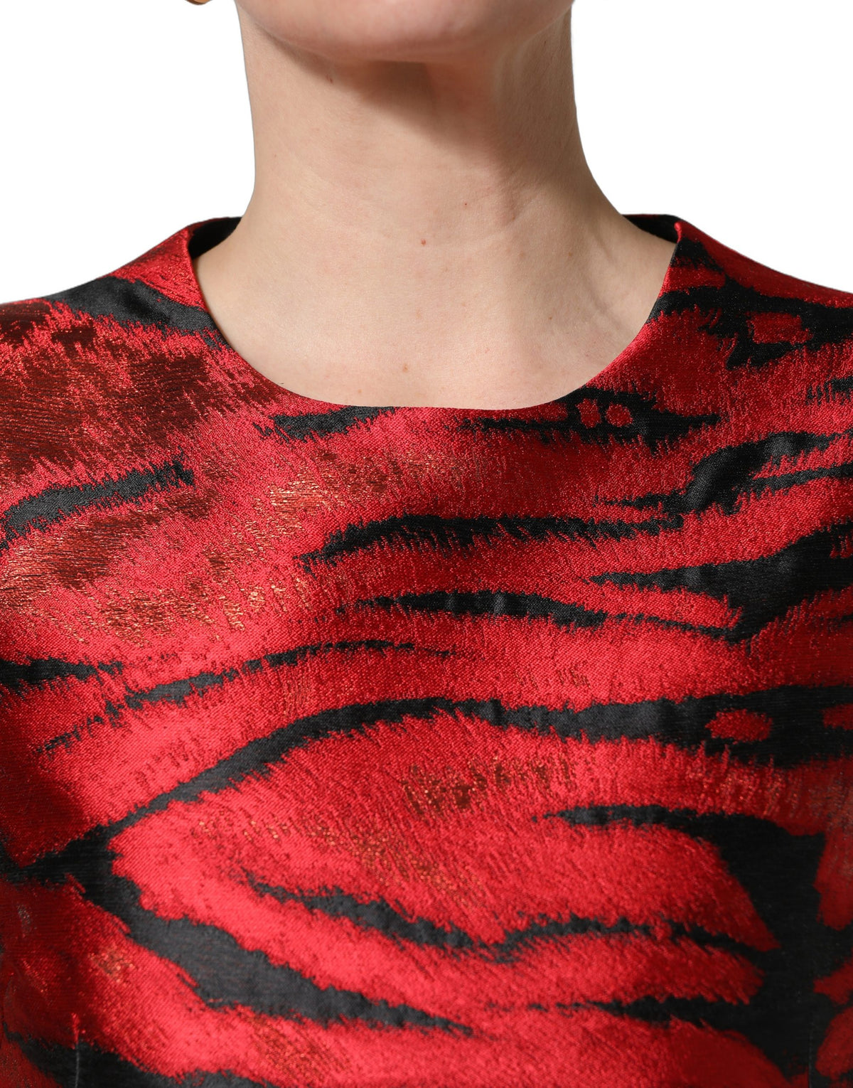 Dolce & Gabbana Rot-Schwarz Tiger-Print Jacquard Ausgestelltes Kleid