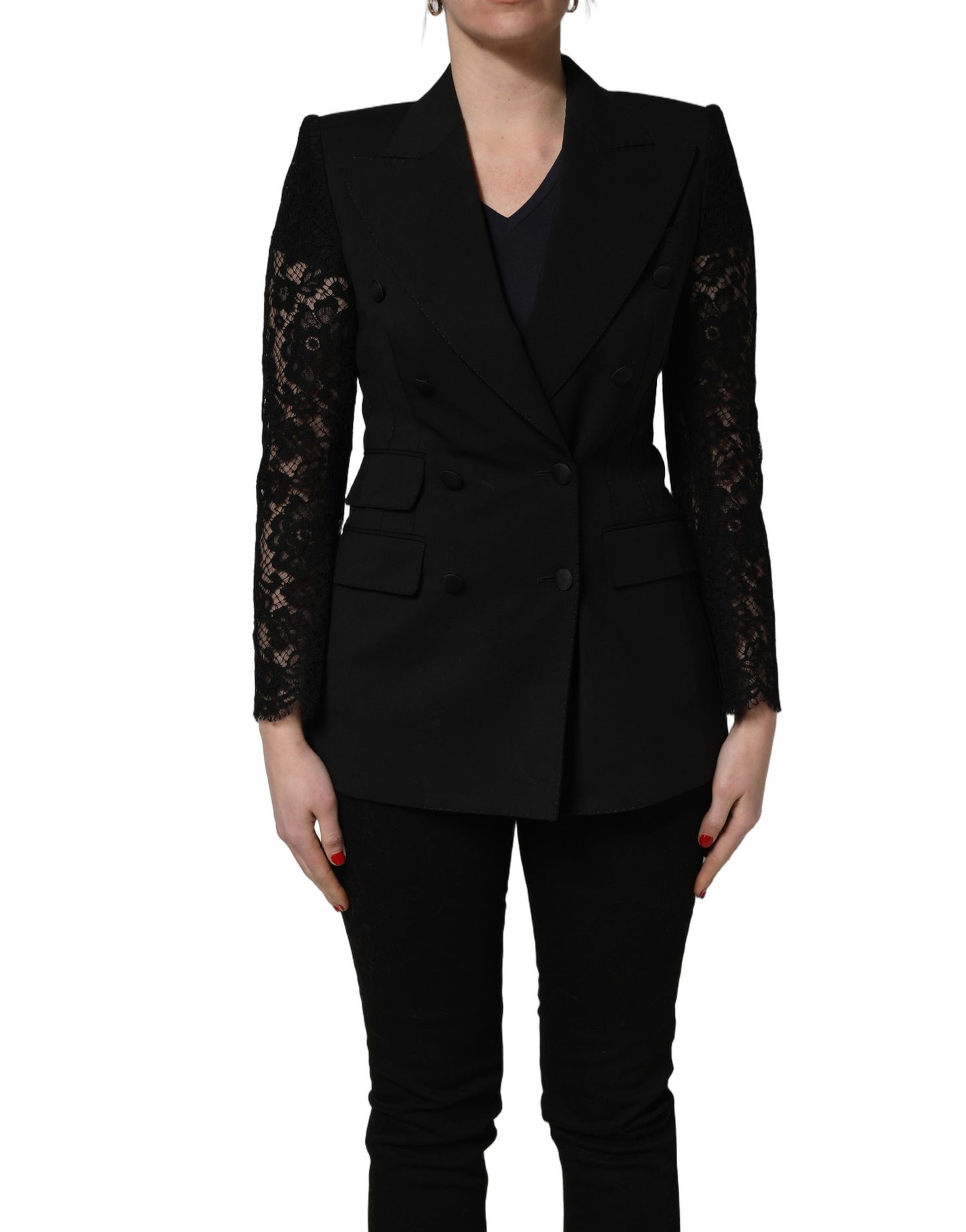 Dolce & Gabbana Black Wool DoubleBreasted Lace Sleeve Jacket