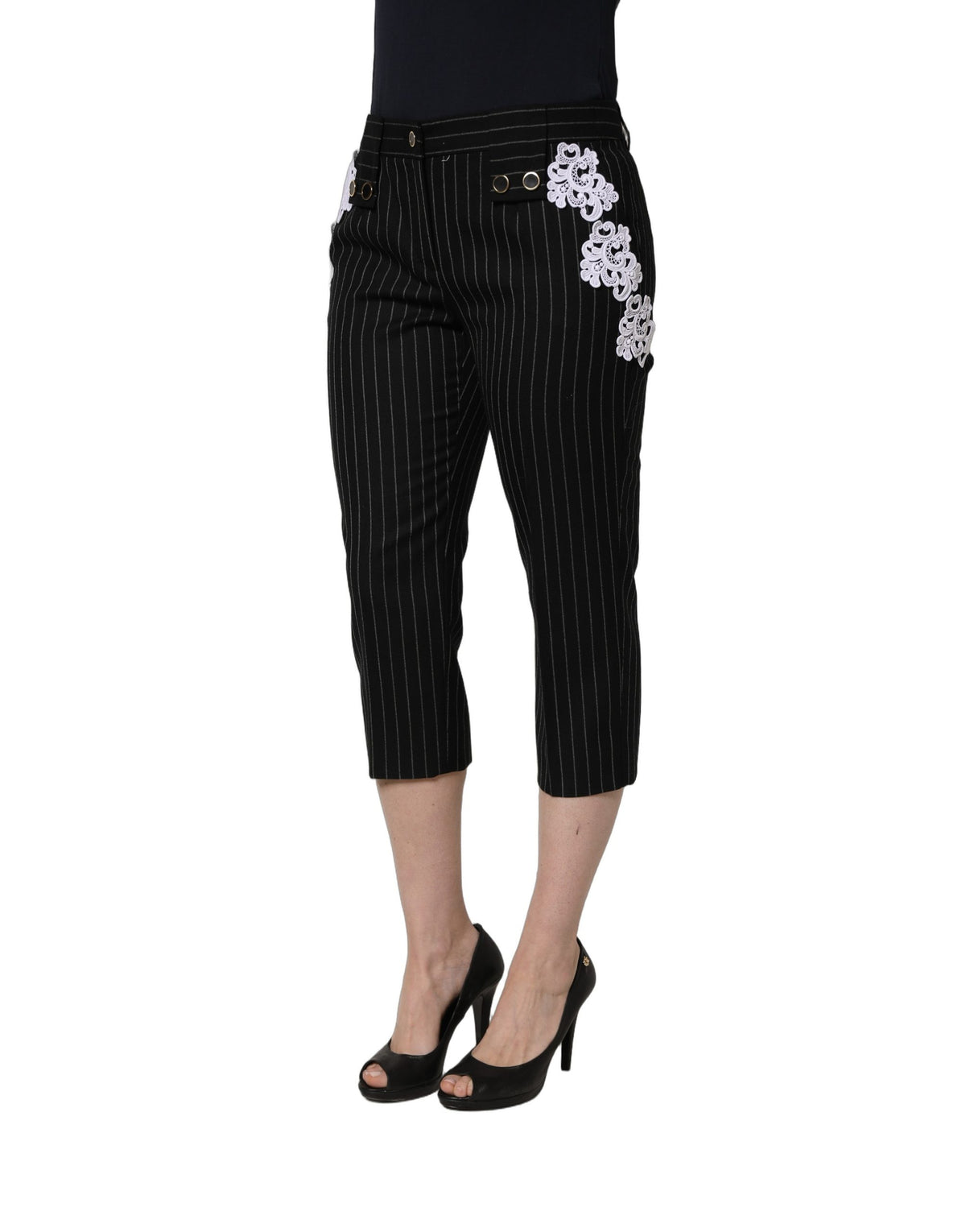 Dolce & Gabbana Schwarze Nadelstreifen-Cropped-Hose mit Spitzenapplikationen