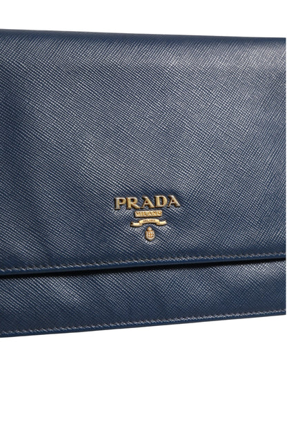 Prada Blue Saffiano Leather Wallet on Chain Clutch Bag