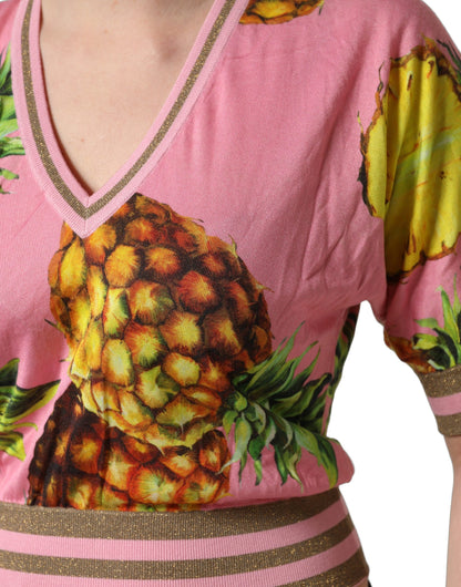 Dolce & Gabbana Pink Pineapple Vneck Short Sleeve Cropped Top