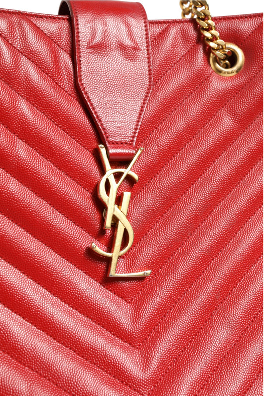 Saint Laurent Red Chevron Quilted Grained Leather Monogram Tote Bag