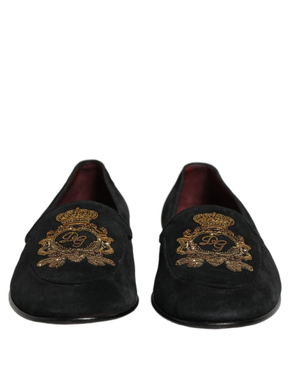 Dolce & Gabbana Black Velvet Crown Embroidery Loafers Shoes
