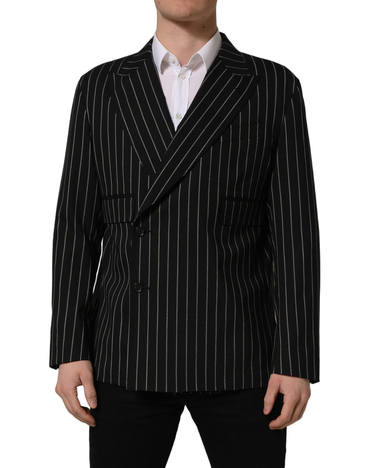 Dolce & Gabbana Dunkelgrau Gestreifte Woll-Doppelreiher-Jacke