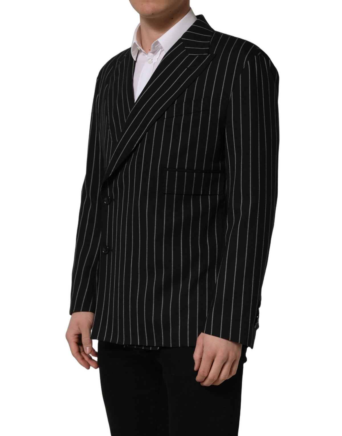 Dolce & Gabbana Dunkelgrau Gestreifte Woll-Doppelreiher-Jacke