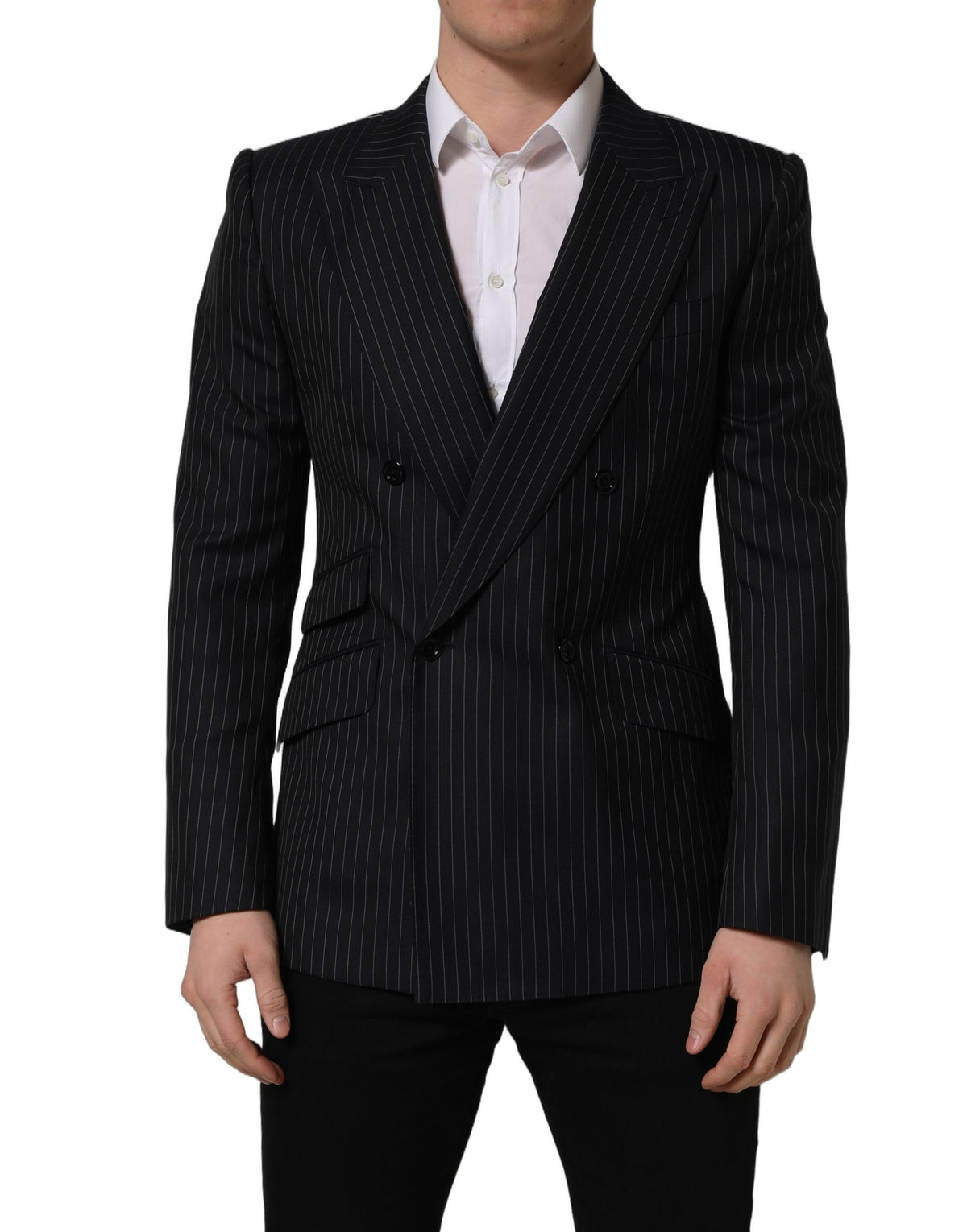 Dolce & Gabbana Dunkelgrau Gestreifte Woll-Doppelreiher-Jacke