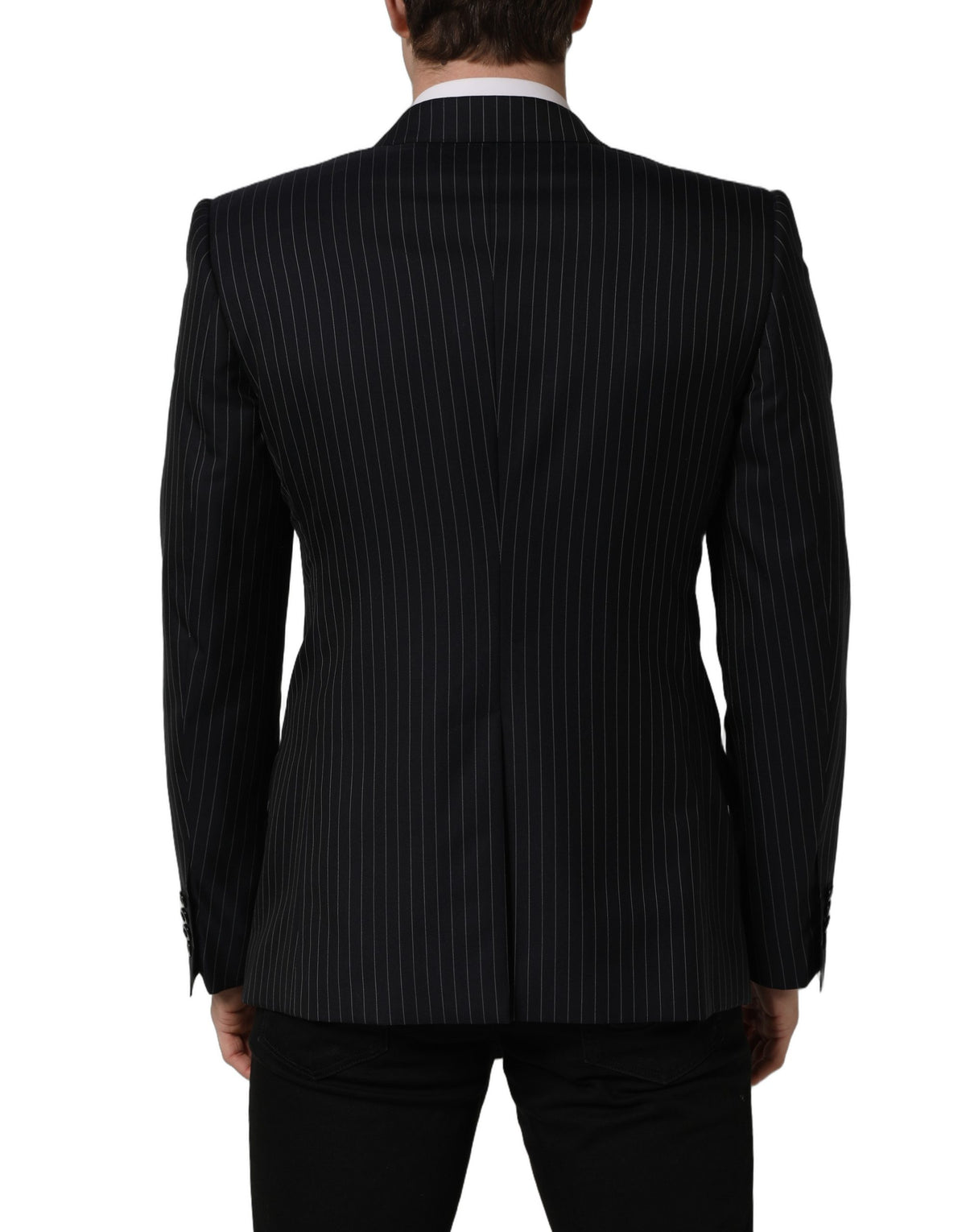 Dolce & Gabbana Dunkelgrau Gestreifte Woll-Doppelreiher-Jacke