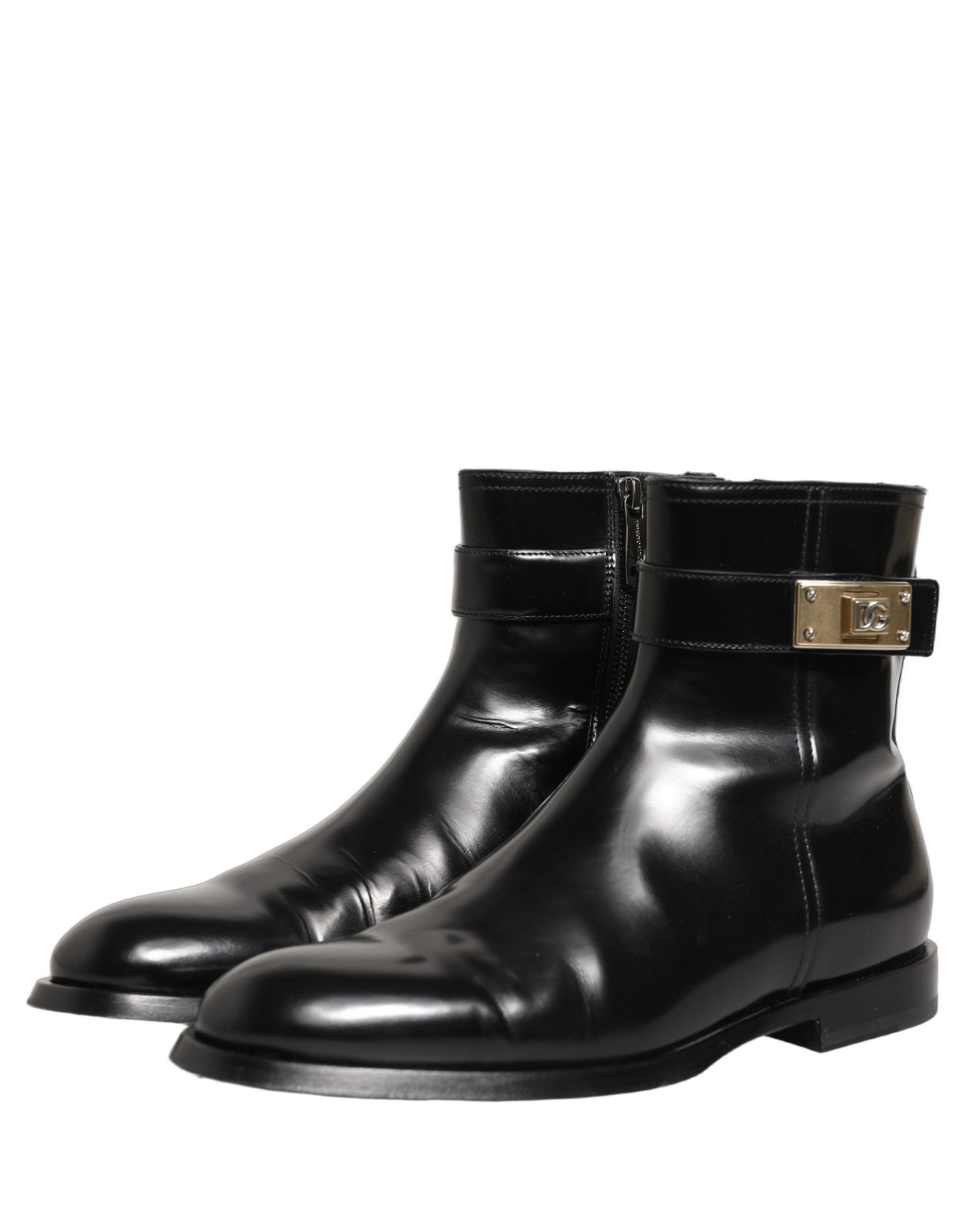 Dolce & Gabbana Schwarze Leder Logo Schnalle Mid Calf Stiefel Schuhe