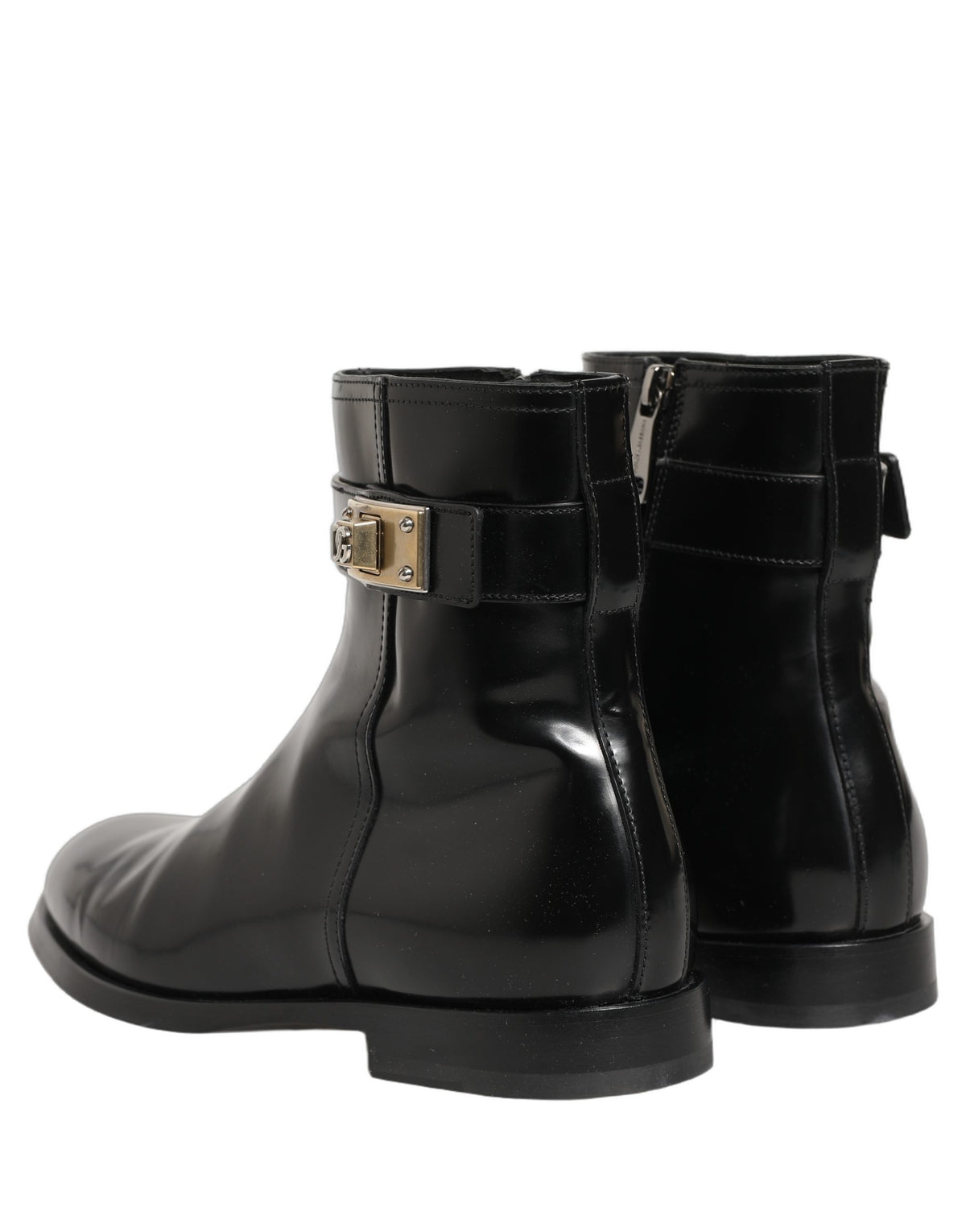 Dolce & Gabbana Schwarze Leder Logo Schnalle Mid Calf Stiefel Schuhe
