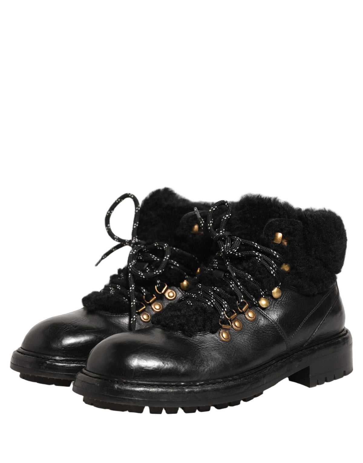 Dolce & Gabbana Schwarze Trekking-Stiefel aus Leder mit Pelz und Schnürung