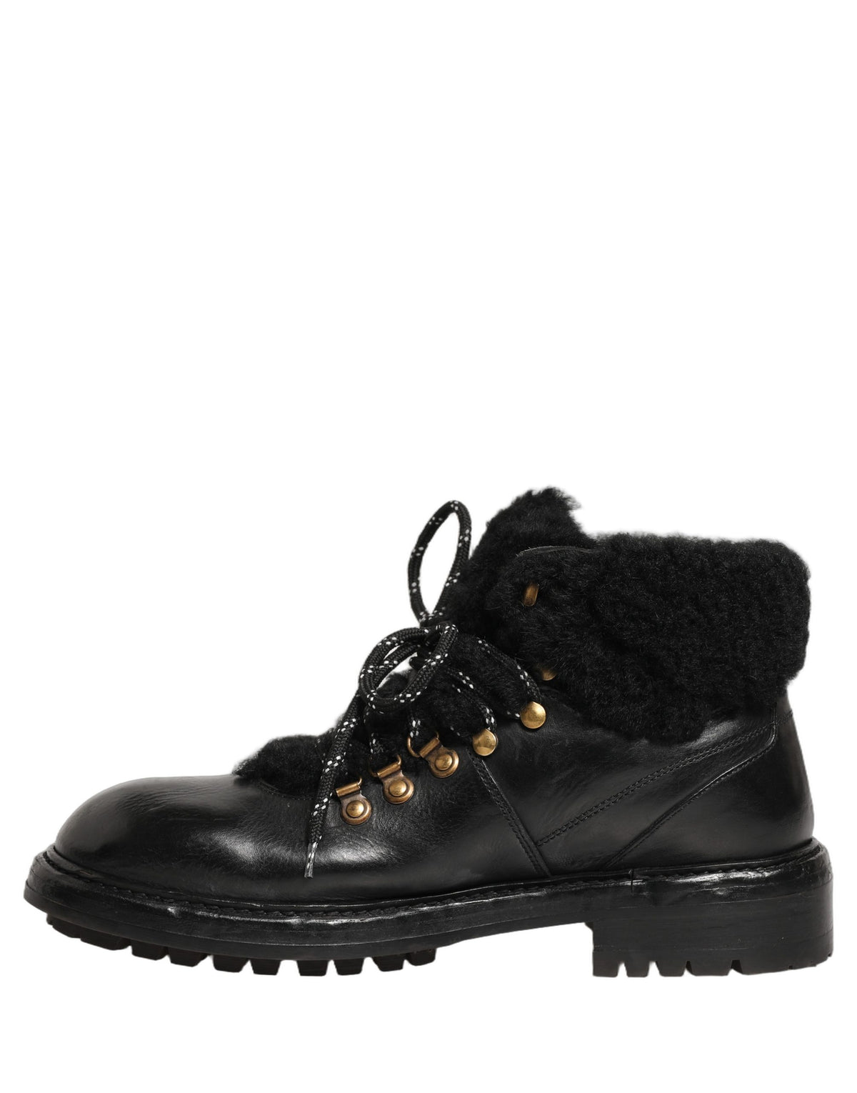 Dolce & Gabbana Schwarze Trekking-Stiefel aus Leder mit Pelz und Schnürung