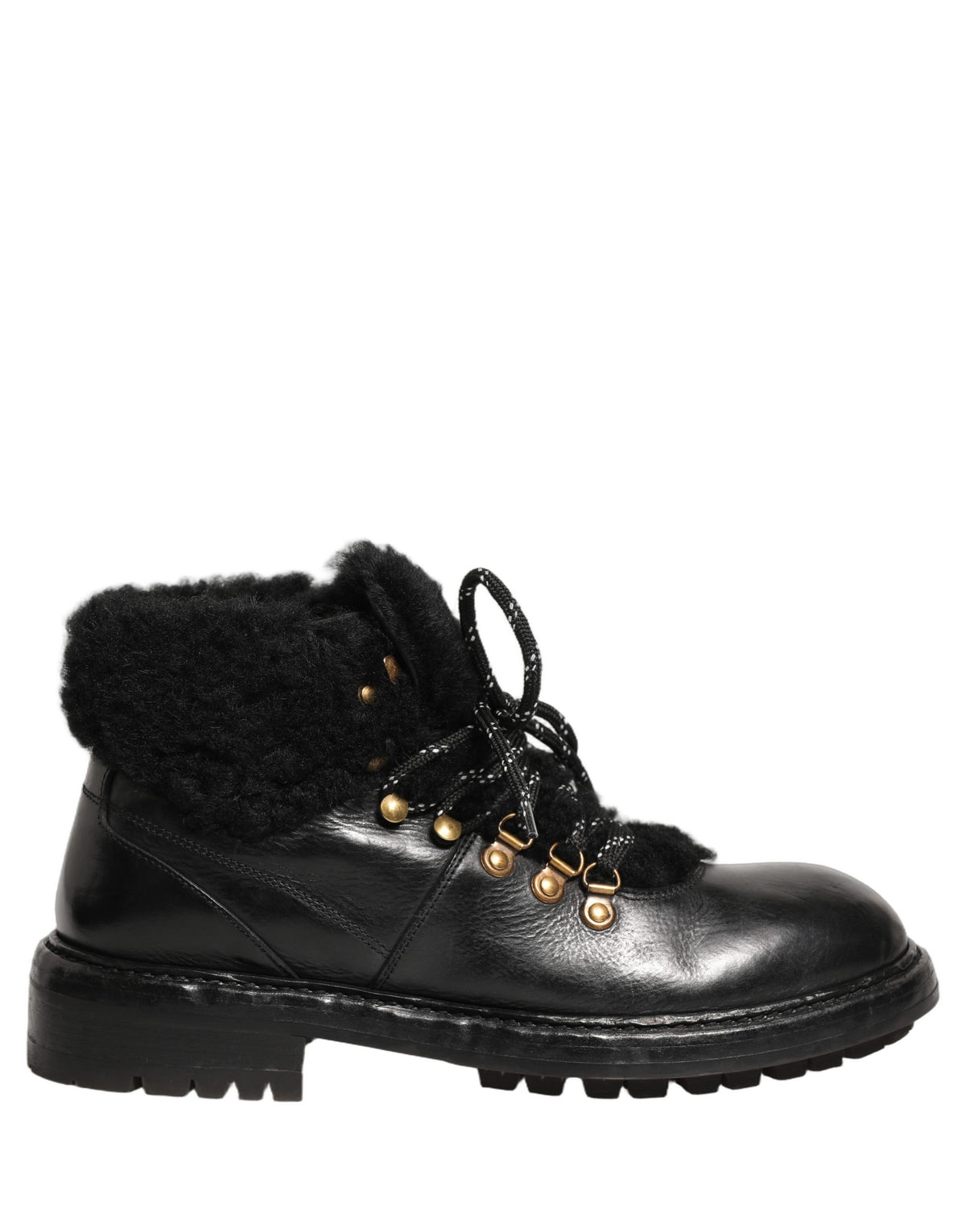Dolce & Gabbana Schwarze Trekking-Stiefel aus Leder mit Pelz und Schnürung