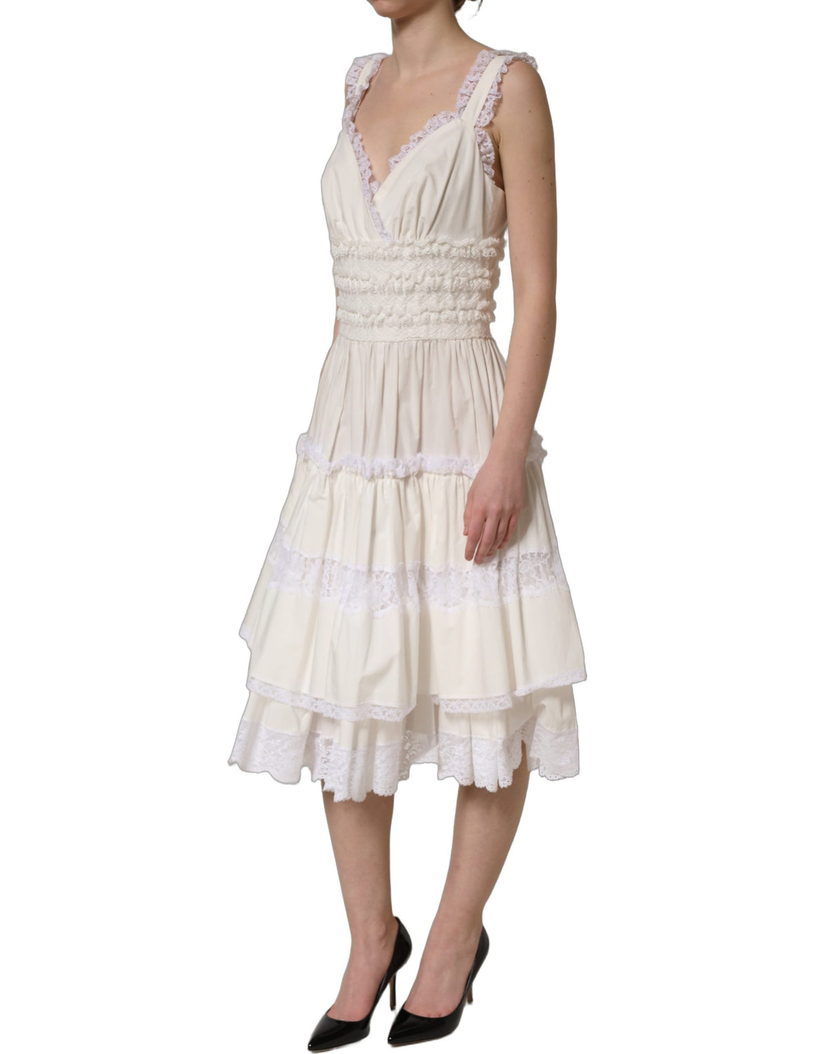 Dolce & Gabbana weißes Baumwollpopeline-Midirüschenkleid