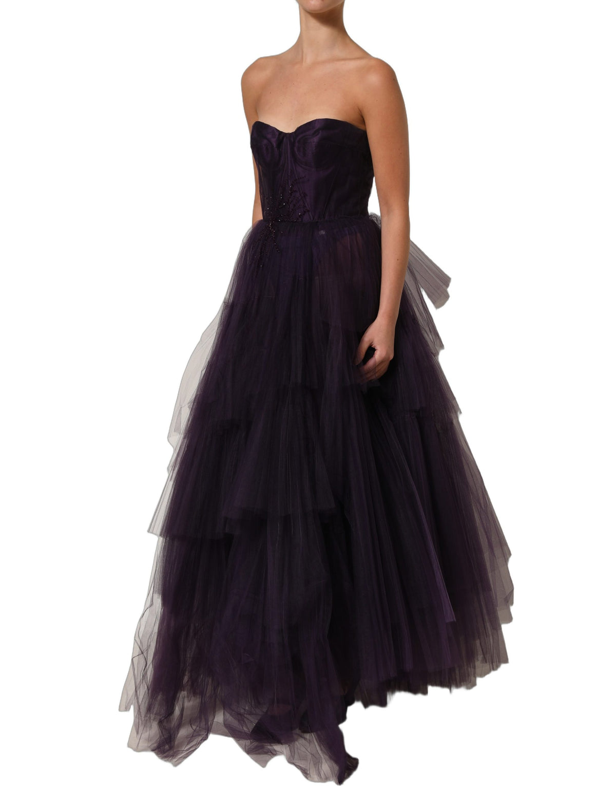 Dolce & Gabbana Lila Lang Abendkleid aus gestuftem Tüll und Seide