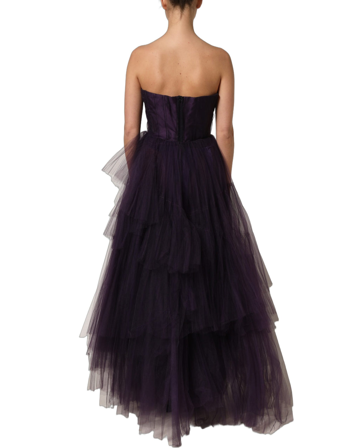 Dolce & Gabbana Lila Lang Abendkleid aus gestuftem Tüll und Seide