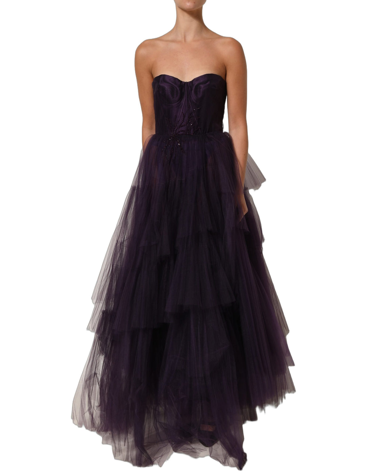 Dolce & Gabbana Lila Lang Abendkleid aus gestuftem Tüll und Seide
