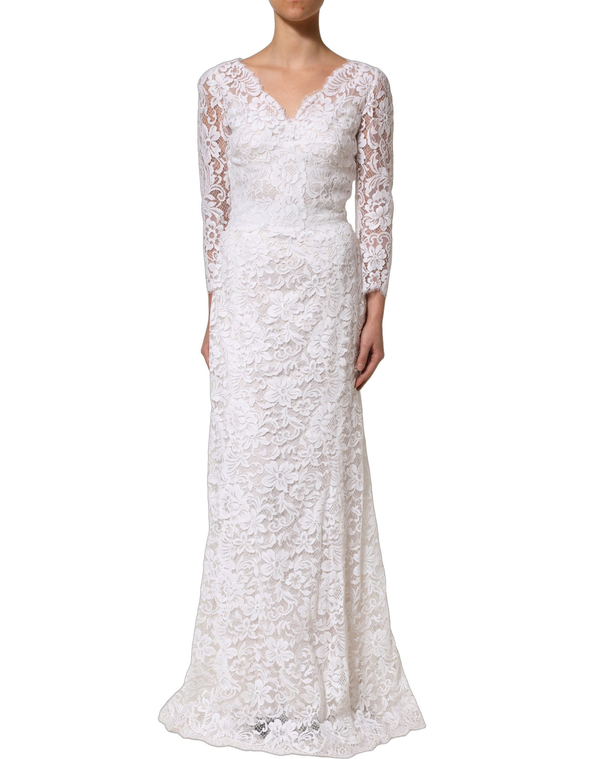Dolce & Gabbana Weißes Baumwoll-Kleid aus floraler Spitze, lang