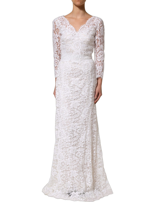 Dolce & Gabbana White Cotton Floral Lace Long Gown Dress