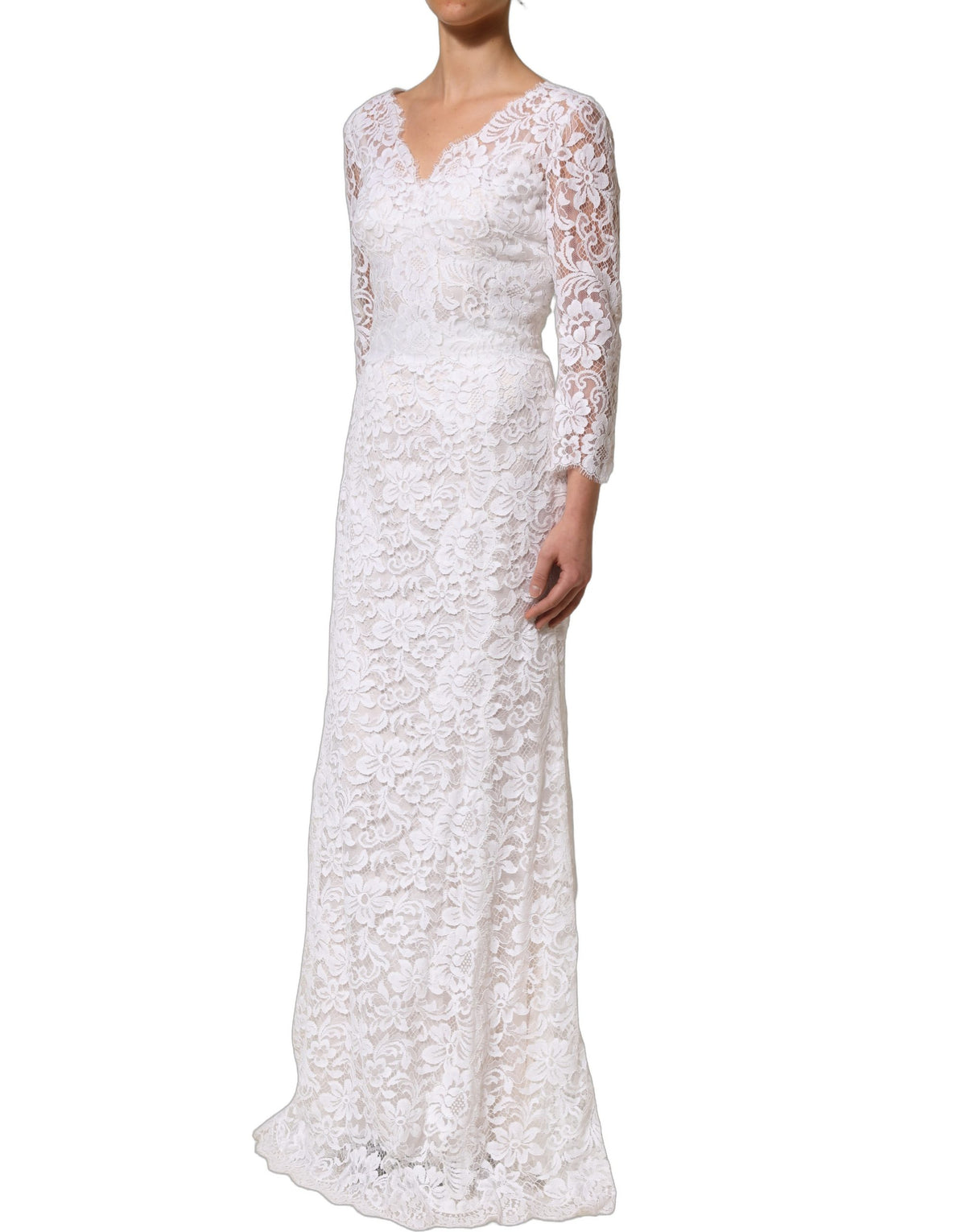 Dolce & Gabbana Weißes Baumwoll-Kleid aus floraler Spitze, lang