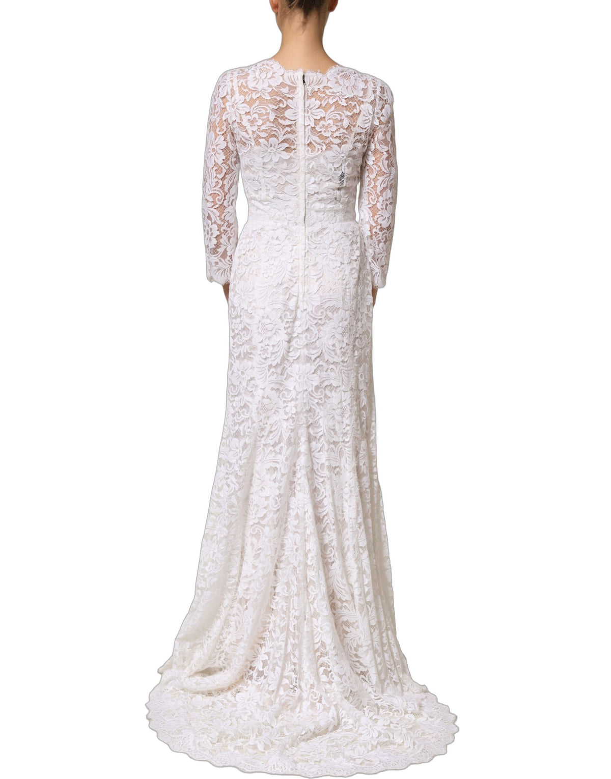 Dolce & Gabbana Weißes Baumwoll-Kleid aus floraler Spitze, lang