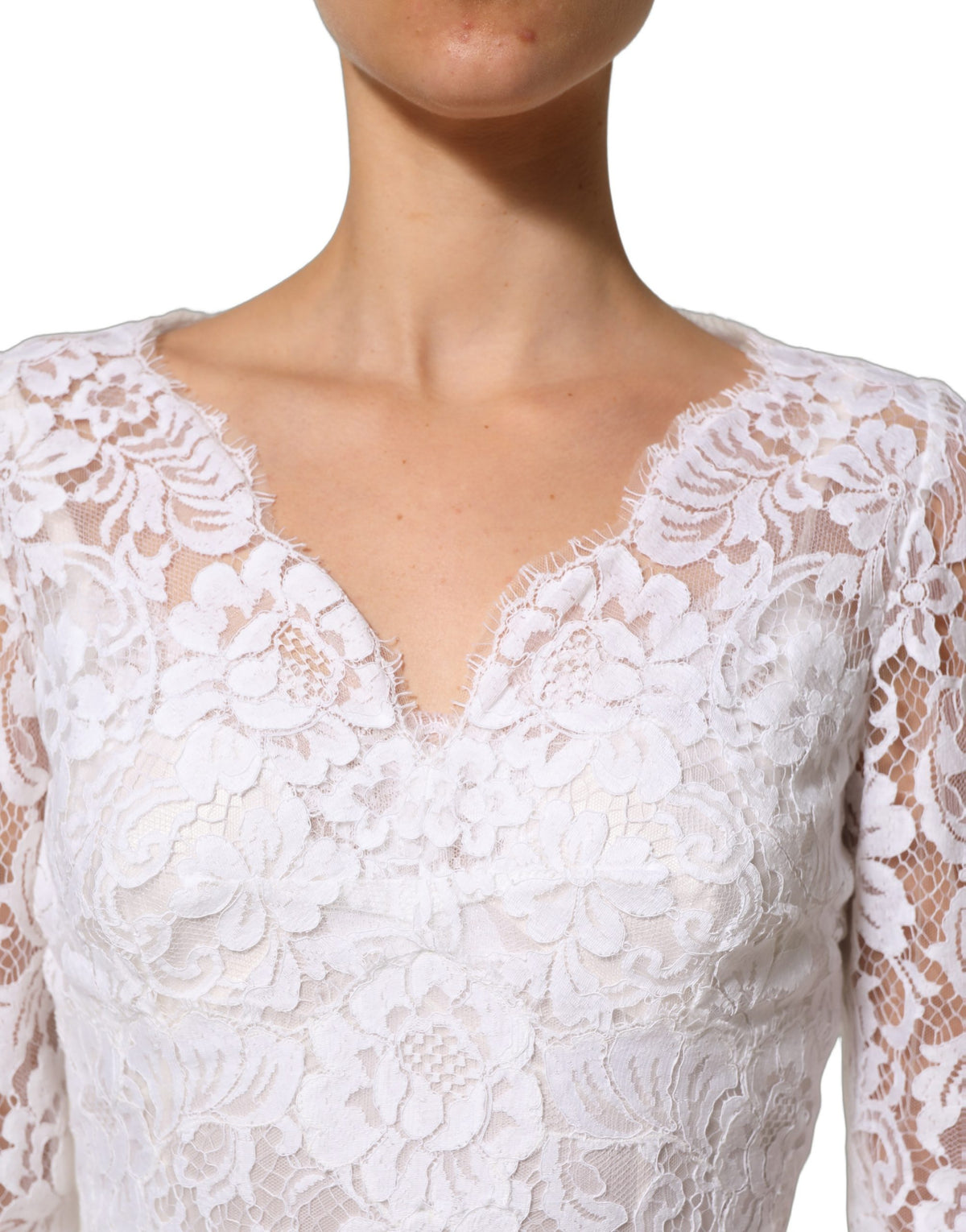Dolce & Gabbana Weißes Baumwoll-Kleid aus floraler Spitze, lang