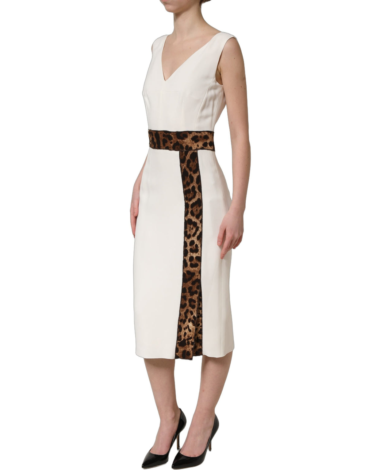 Dolce & Gabbana weißes ärmelloses Etui-Midikleid mit Leopardenmuster