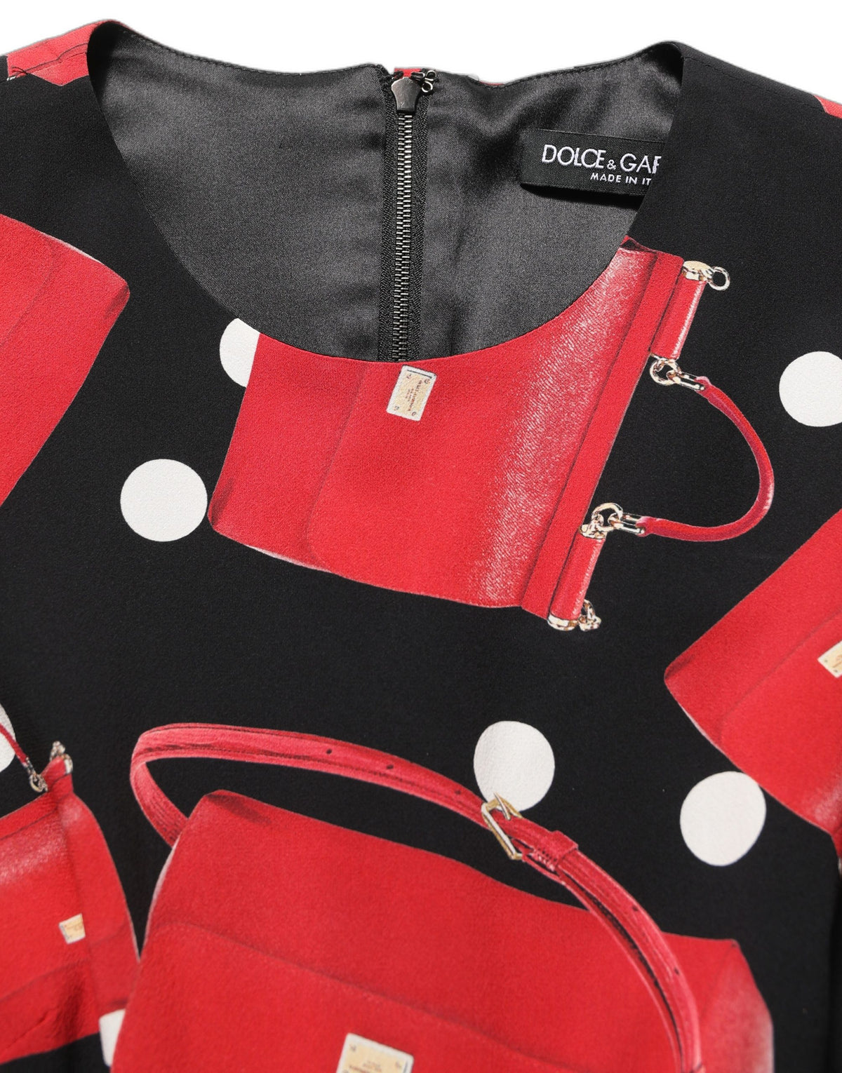 Dolce & Gabbana Schwarzes Etuikleid mit Handtaschen-Print und langen Ärmeln