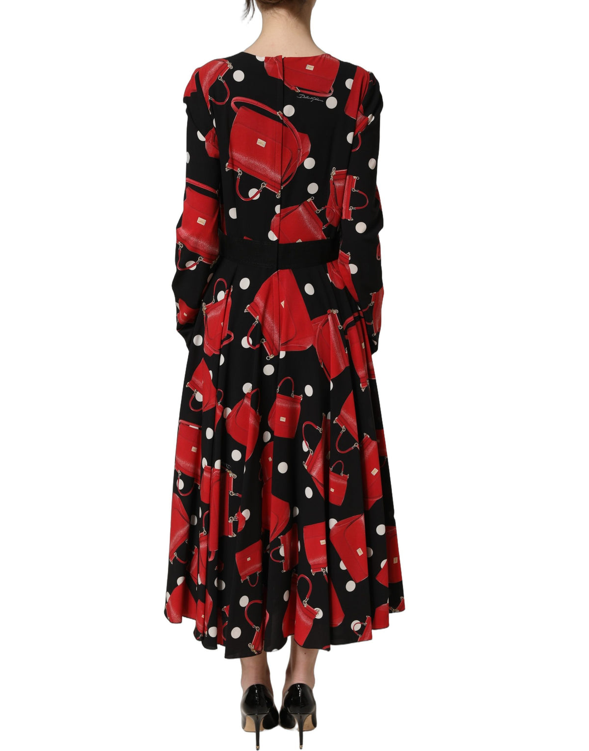 Dolce & Gabbana Schwarzes Etuikleid mit Handtaschen-Print und langen Ärmeln