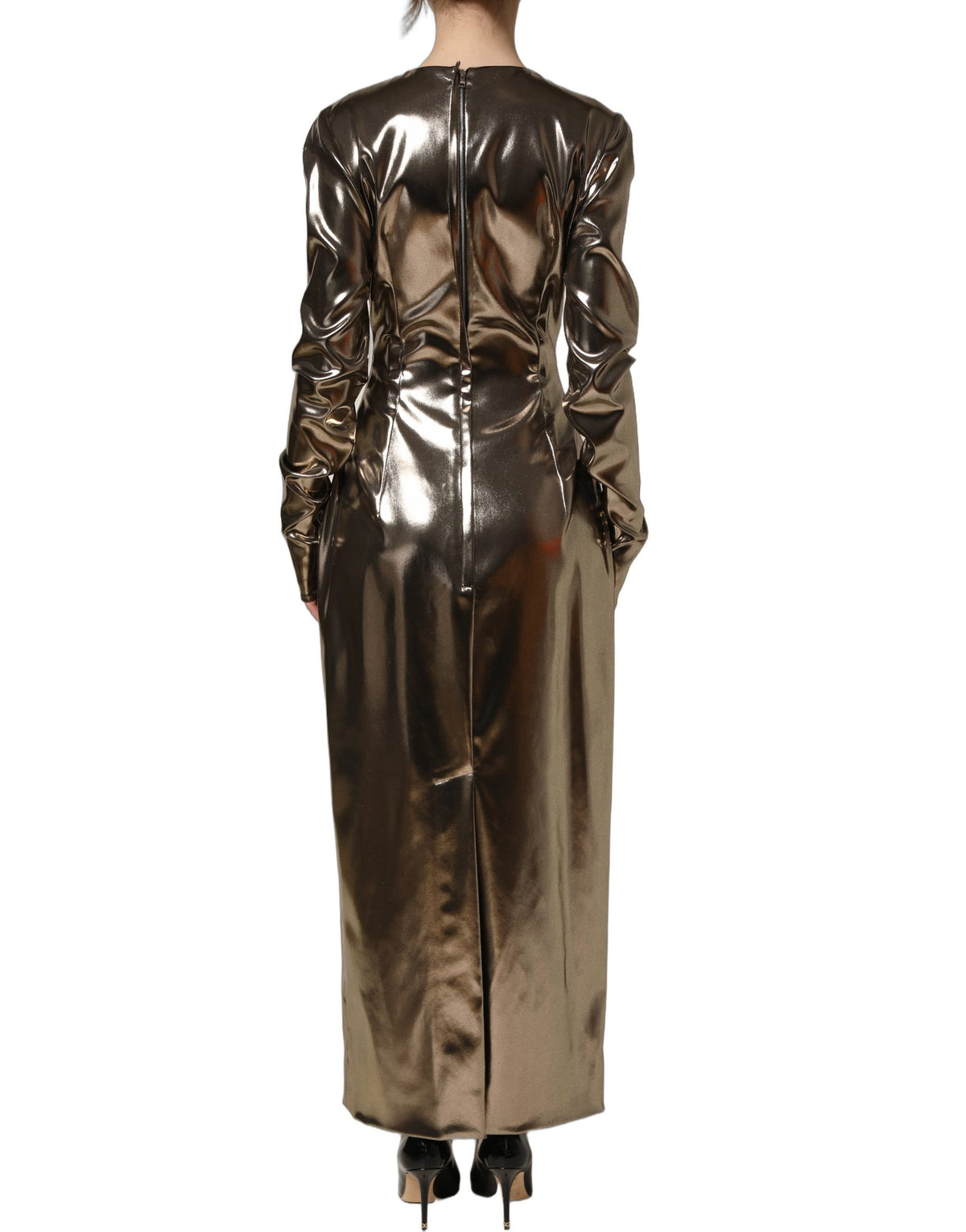 Dolce & Gabbana Maxikleid aus metallisch goldenem Polyester mit langen Ärmeln