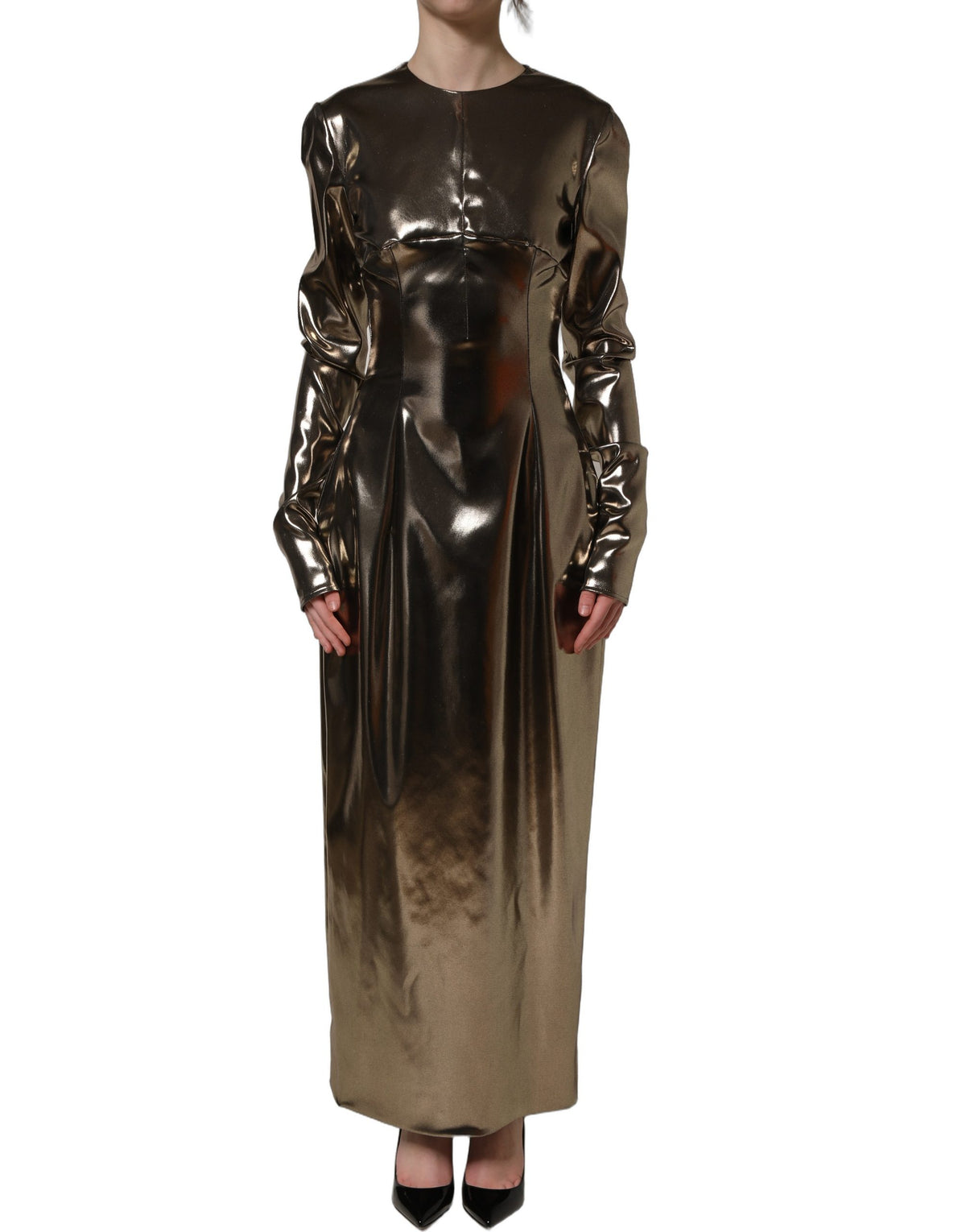 Dolce & Gabbana Maxikleid aus metallisch goldenem Polyester mit langen Ärmeln