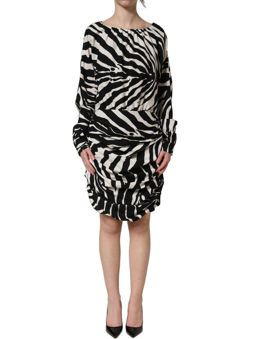Dolce & Gabbana Black White Zebra Ruched Silk Mini Dress