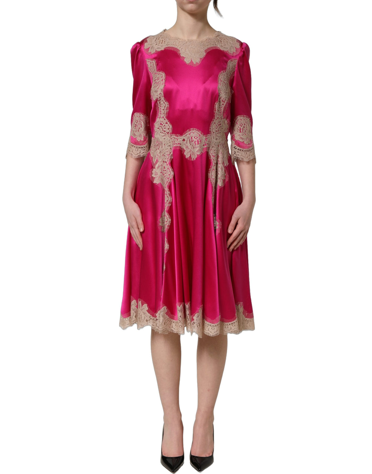 Dolce & Gabbana Fuchsiapinkes Midikleid in A-Linie mit Spitzenbesatz