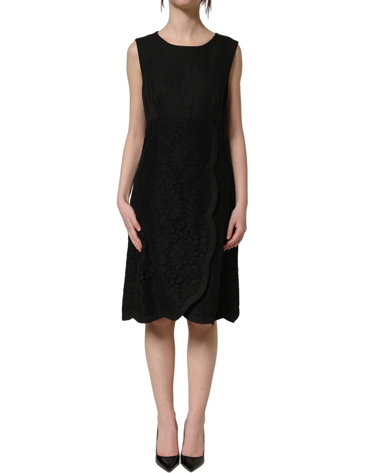 Dolce & Gabbana Schwarzes ärmelloses Shiftkleid aus floraler Spitze