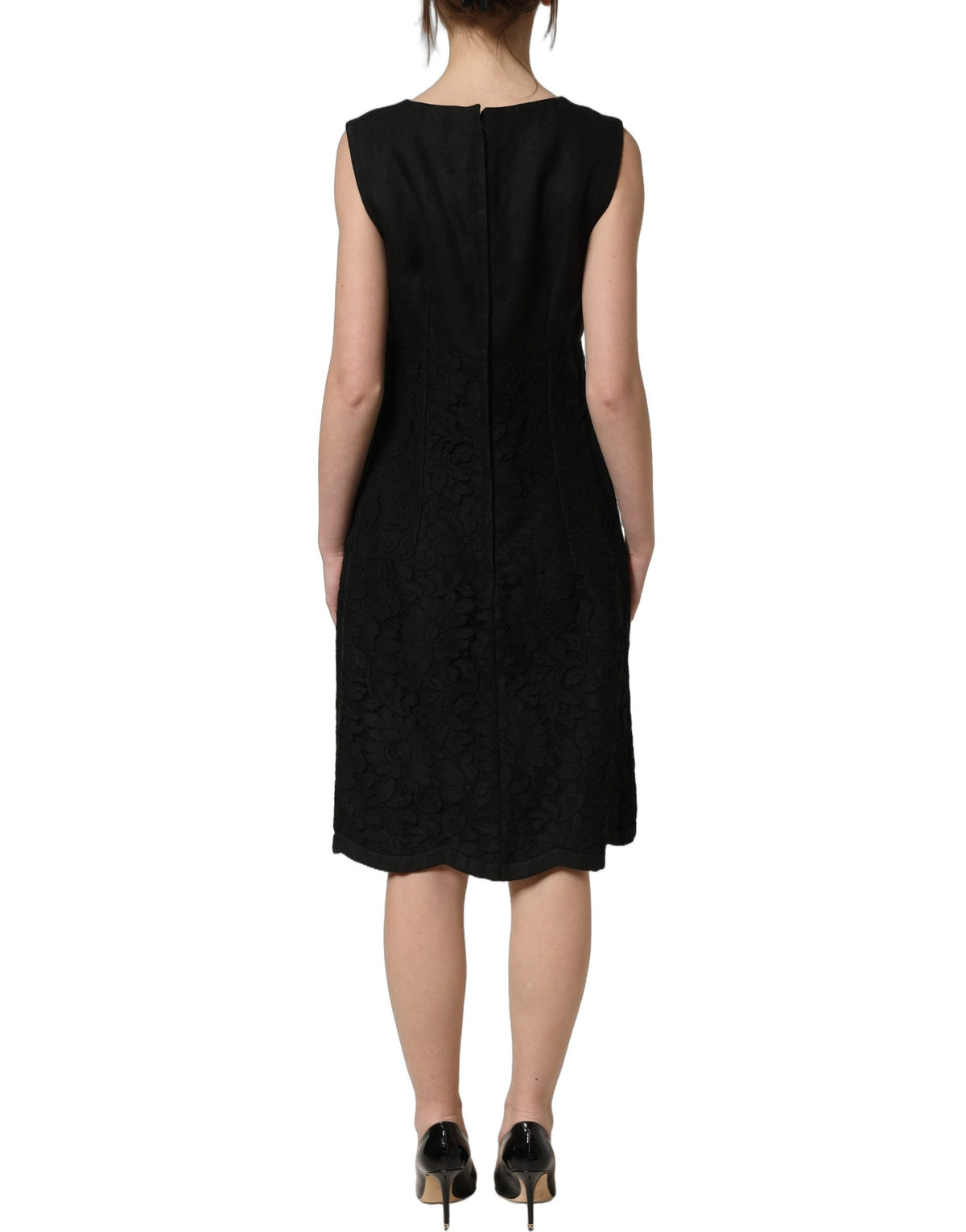 Dolce & Gabbana Schwarzes ärmelloses Shiftkleid aus floraler Spitze