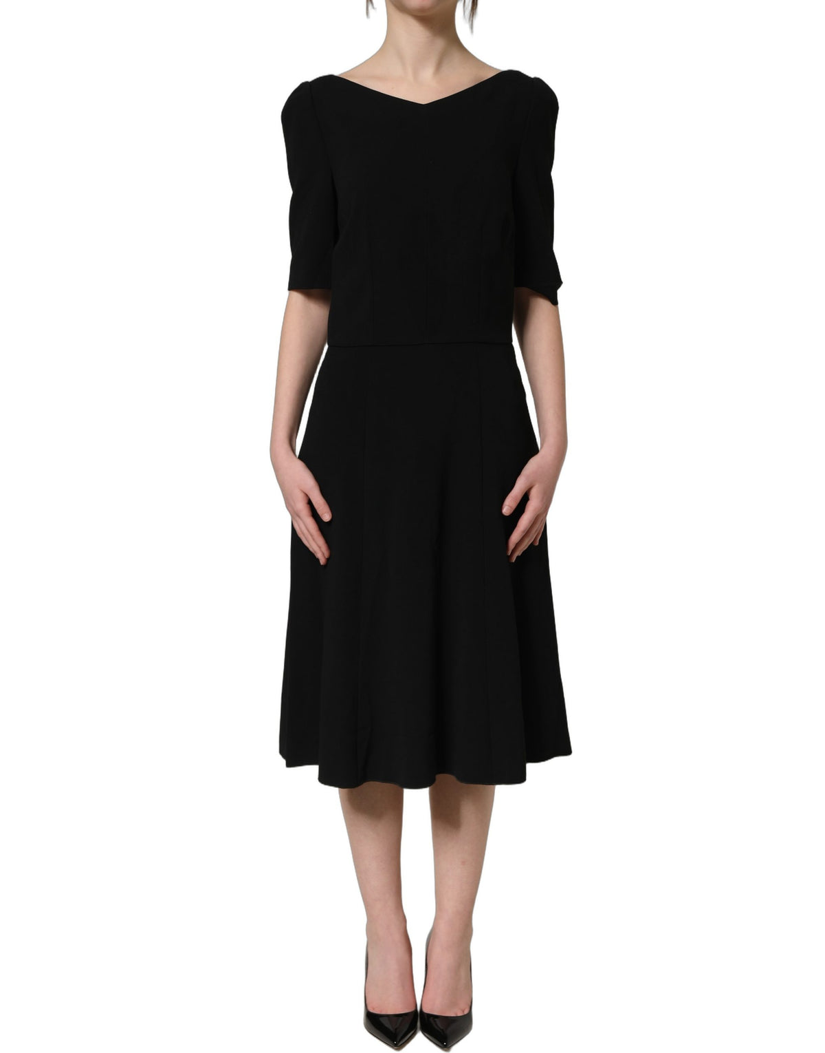 Dolce & Gabbana Schwarzes Viskose A-Linien Midikleid mit kurzen Ärmeln