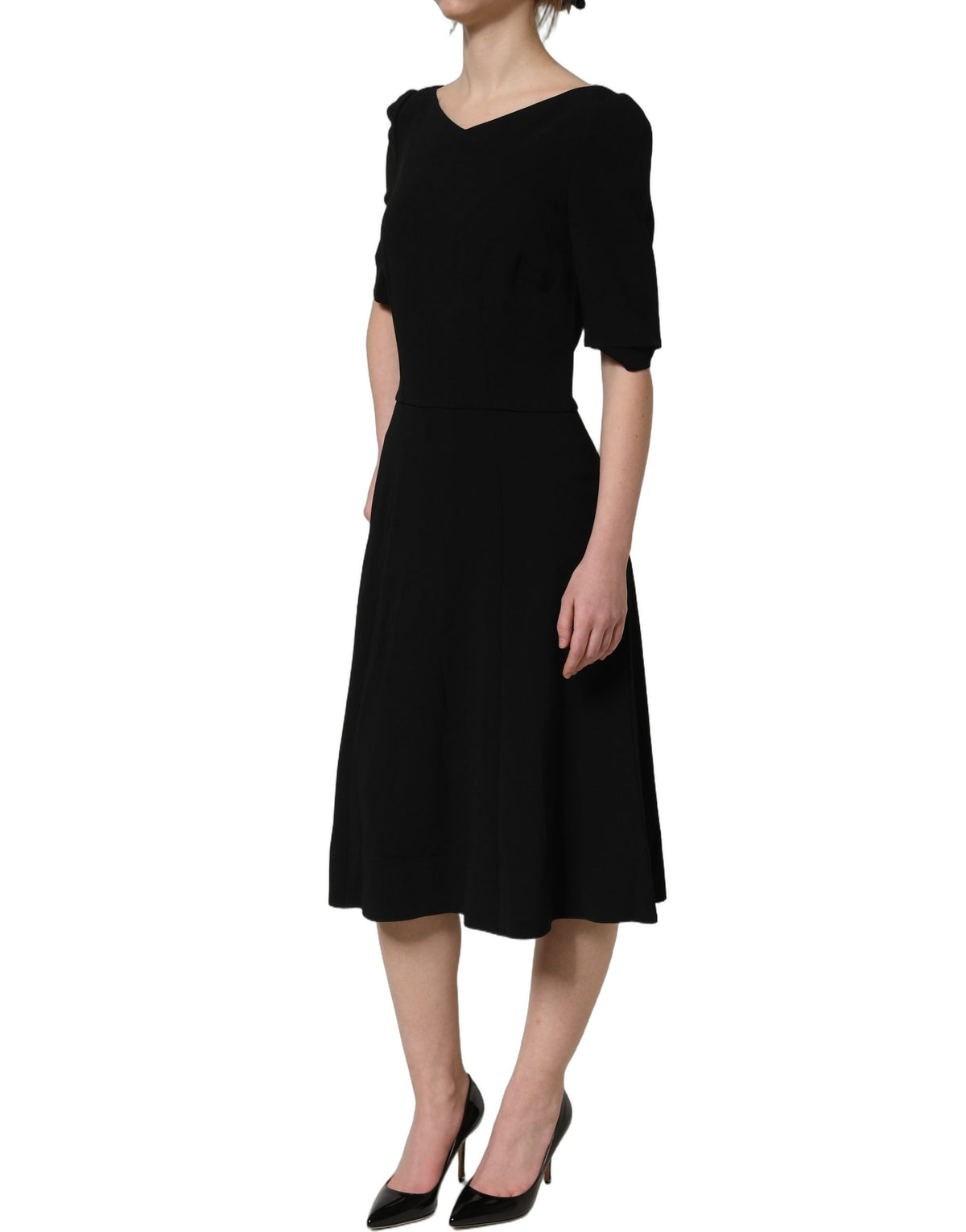 Dolce & Gabbana Schwarzes Viskose A-Linien Midikleid mit kurzen Ärmeln