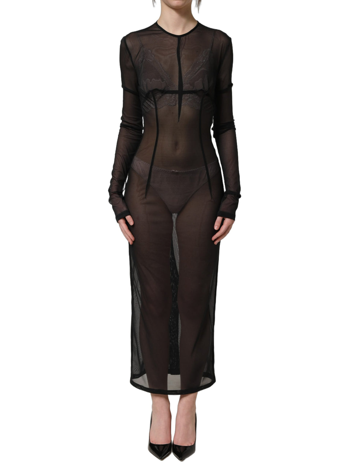 Dolce & Gabbana Schwarzes, langärmeliges, transparentes, eng anliegendes Maxikleid