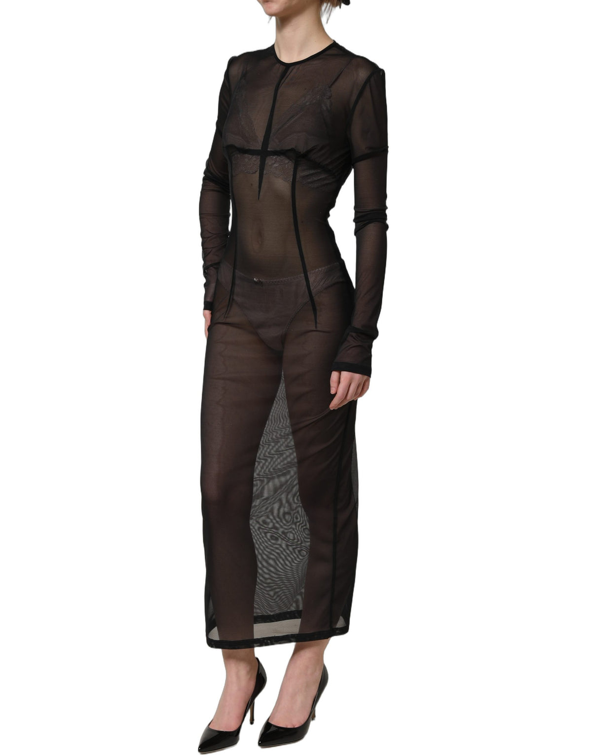Dolce & Gabbana Schwarzes, langärmeliges, transparentes, eng anliegendes Maxikleid